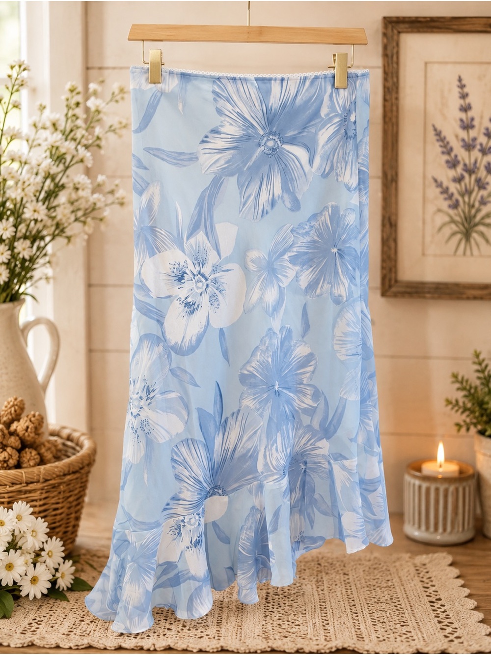 Laura Blue Floral Midi Skirt Size M Ruffle Hem Flowy